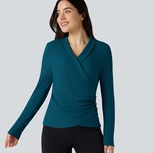 HALARA Teal Long Sleeve Wrap Blouse